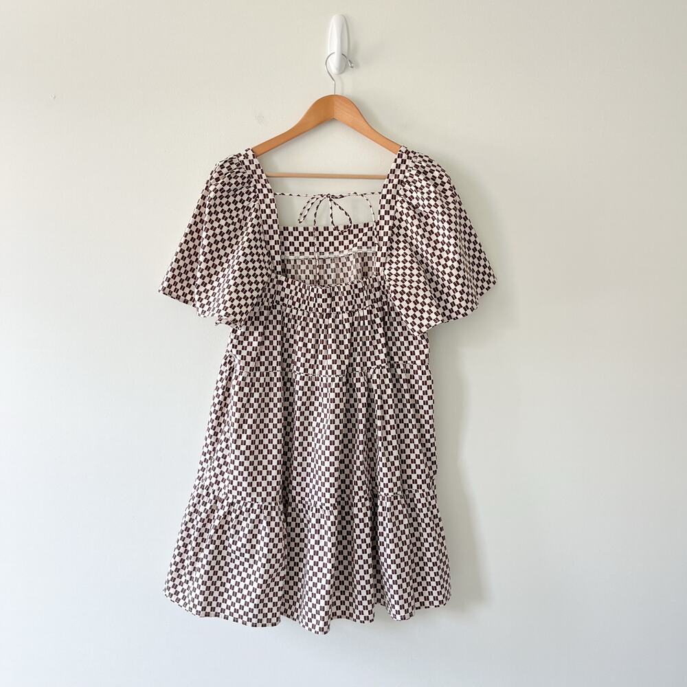 Abercrombie & Fitch Angel Sleeve Trapeze Mini Dress Brown Checkered Size Medium - Picture 5 of 14